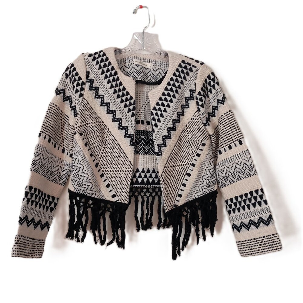 Abercrombie & Fitch Jacket Crop Tweed Fringe Black White Southwest Women's Sz S